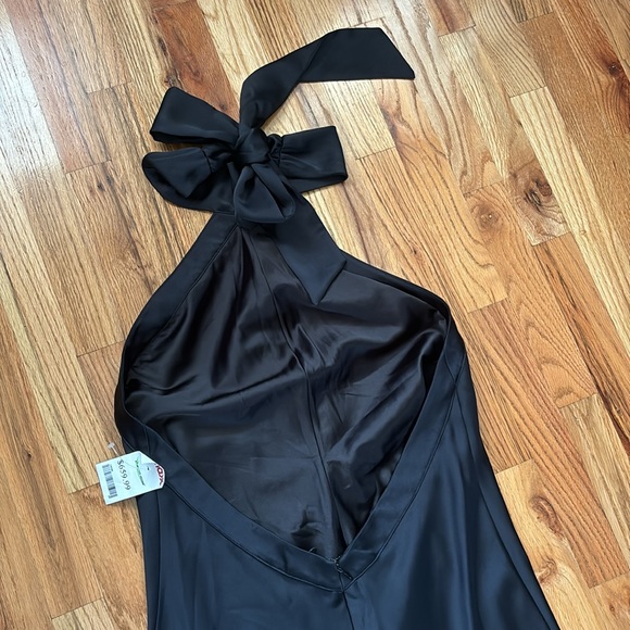 Ramy Brook Tera Ruffled Halter Gown Ruffle Satin Low Back Tie Black 14 High Neck - Picture 11 of 13